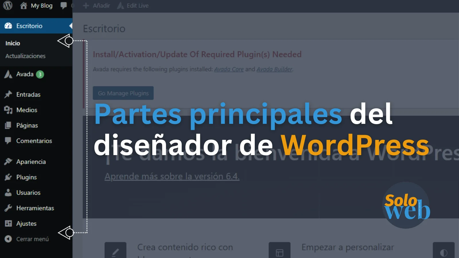 Partes principales del diseñador de WordPress
